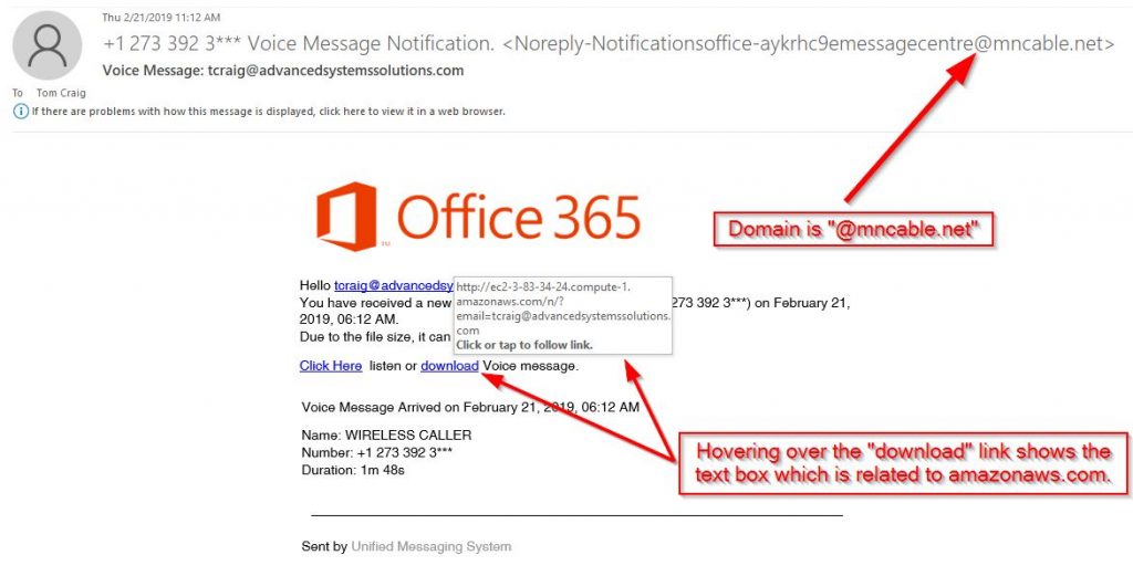 Photo displaying fake email received. Signs that is a false email were incorrect domain name in the senders email address and unrecognizable links in the body of the email.
